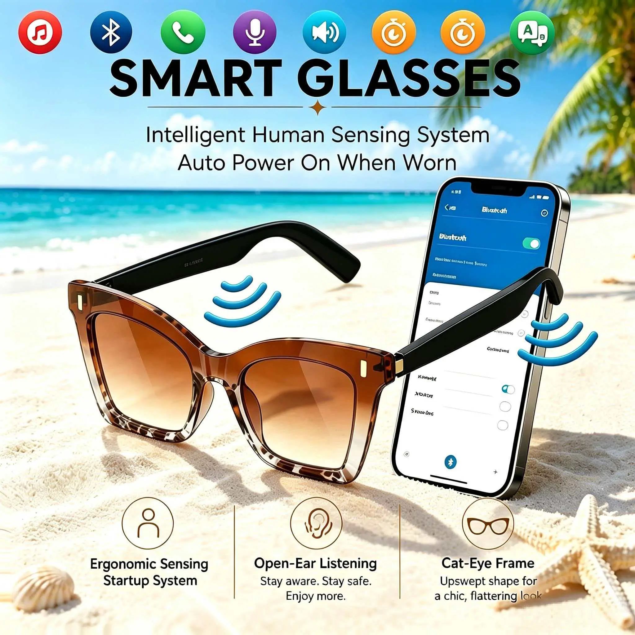 2026 New Women's Cat-Eye Smart Glasses, Bluetooth Wireless Audio Glasses Equipped With Smart Wearable Sensors, Automatically Connect To Bluetooth When Worn, Suitable For Driving, Daily Life And Outdoor Activities