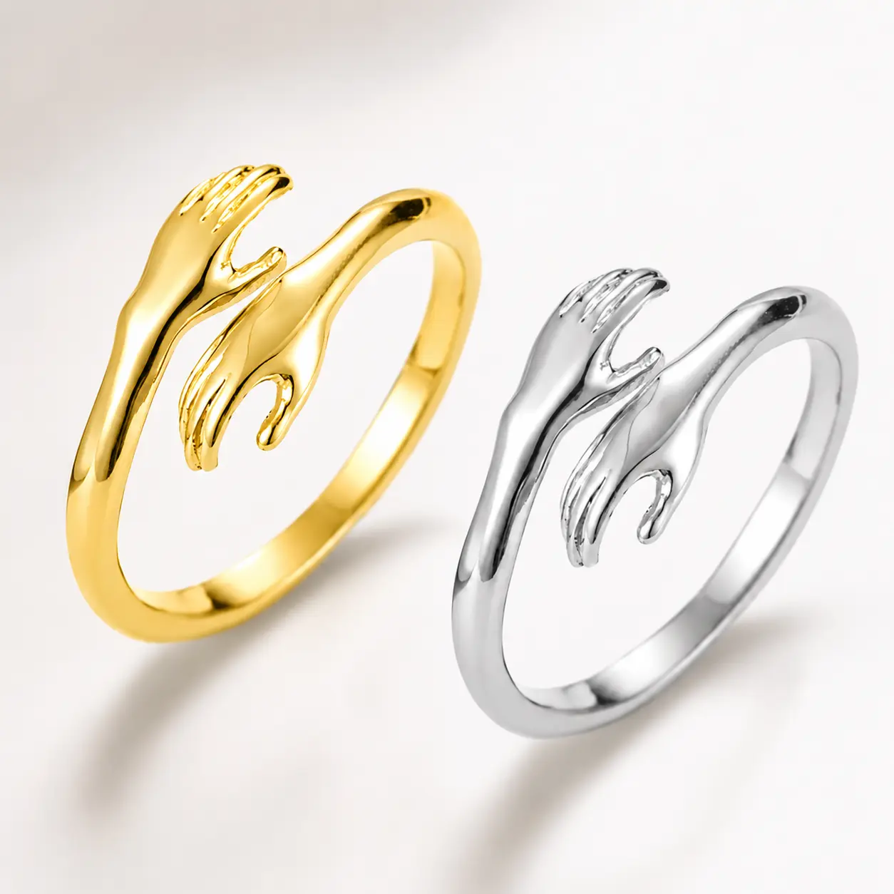 Adjustable Hug Hands Ring – Open Band Embrace Design, Minimalist Alloy Jewelry for Women and Men