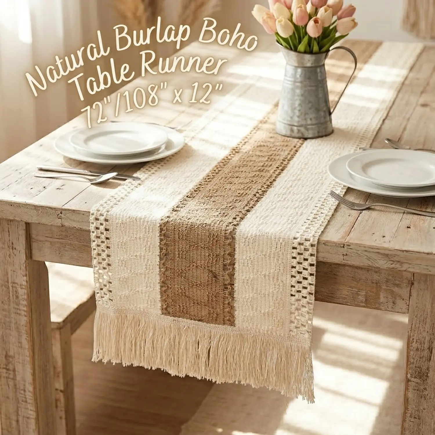 Boho Burlap Table Runner 72 / 108 inch, Rustic Macrame Farmhouse Table Decor for Kitchen Dining Wedding Party