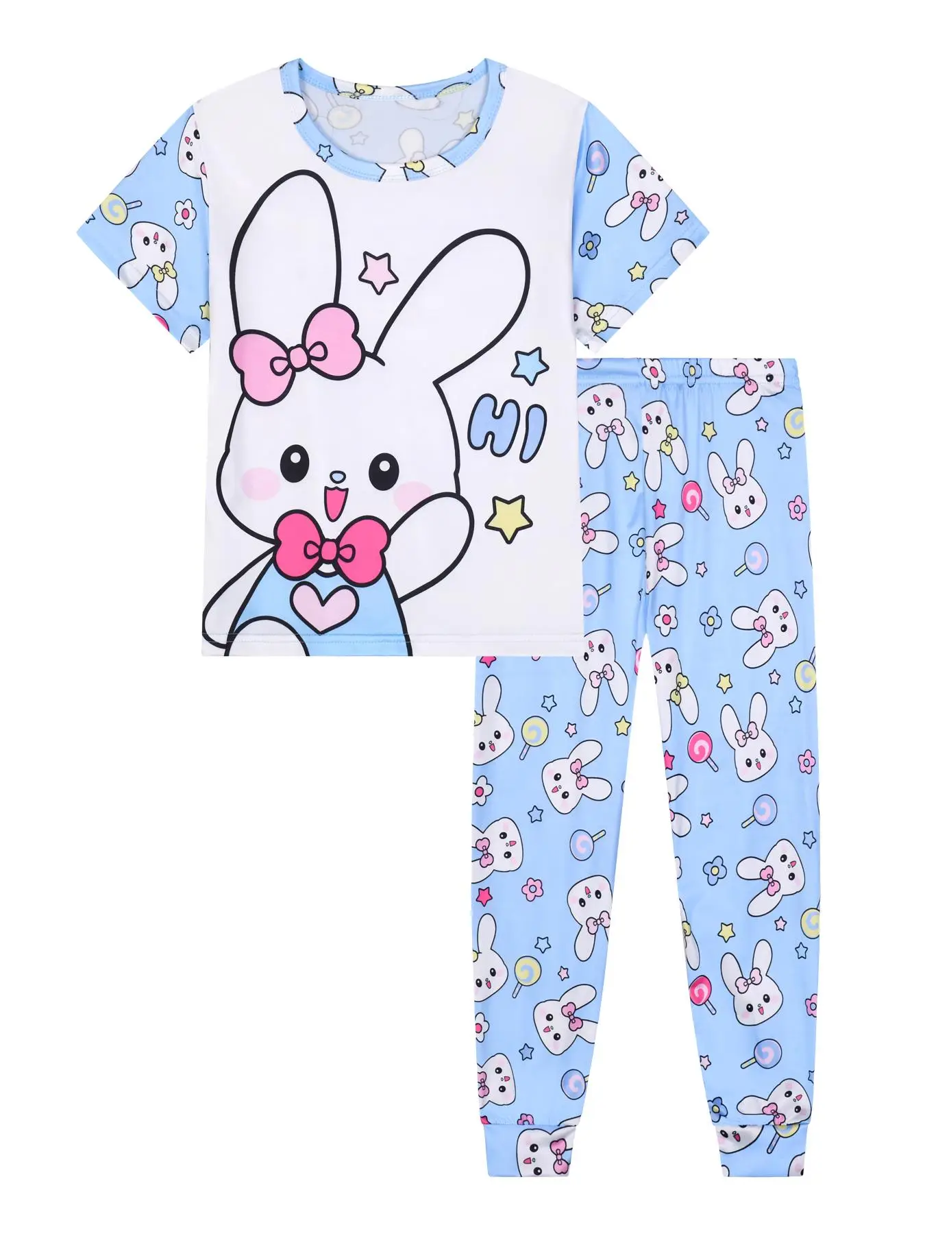 Girl's Cartoon Rabbit Print Tee & Pants Pyjama Two-Piece Set, Casual Comfy Round Neck Short Sleeve T-Shirt & Trousers PJ Set, Kids Sleepwear for Summe