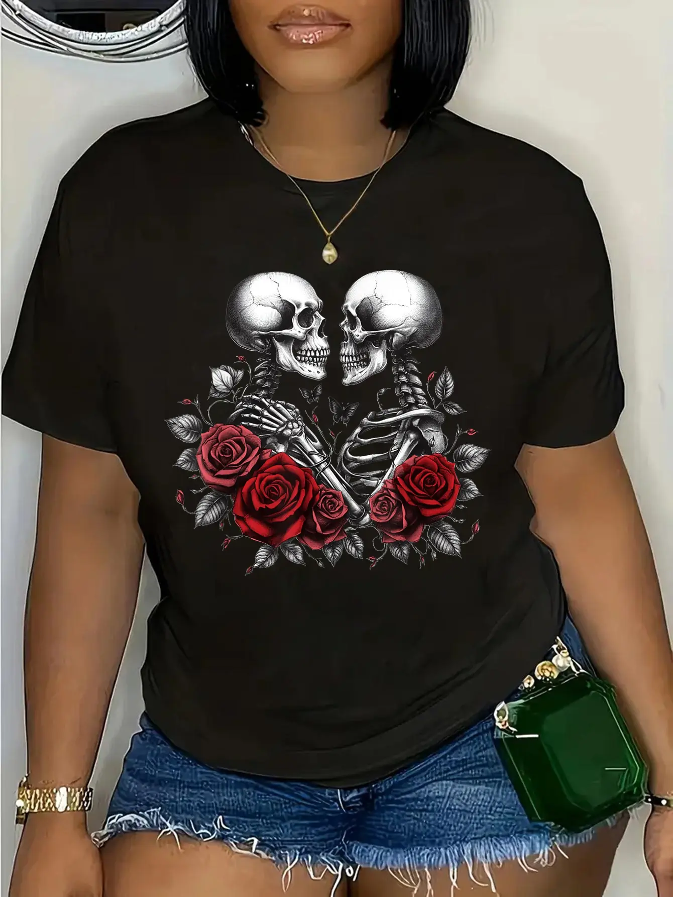 Women's Vintage T-Shirt with Skeleton Rose Graphic, 100% Cotton Short-Sleeve Distressed Streetwear Top, Shortsleeve, Tshirt, Round Neck, V059250-Black
