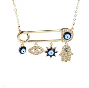 Evil Eye & Hamsa Hand Safety Pin Necklace, Gold Plated Stainless Steel Chain, Cubic Zirconia Pendant Jewelry, Spiritual Style Layered Accessory for Women