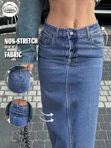 GILIPUR High-Waisted Fit Straight-Cut Cotton Denim Maxi Skirt with Pockets, Lady, Womenswear — Casual Vintage & Versatile Denim Midi Skirt (TChic)