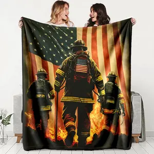 American Flag Firefighter Hero Theme Flannel Blanket, Couple Blanket, Soft Lightweight Warm, Bedroom Holiday Decor, All Seasons, Bed Sofa Office Camping Travel Gift