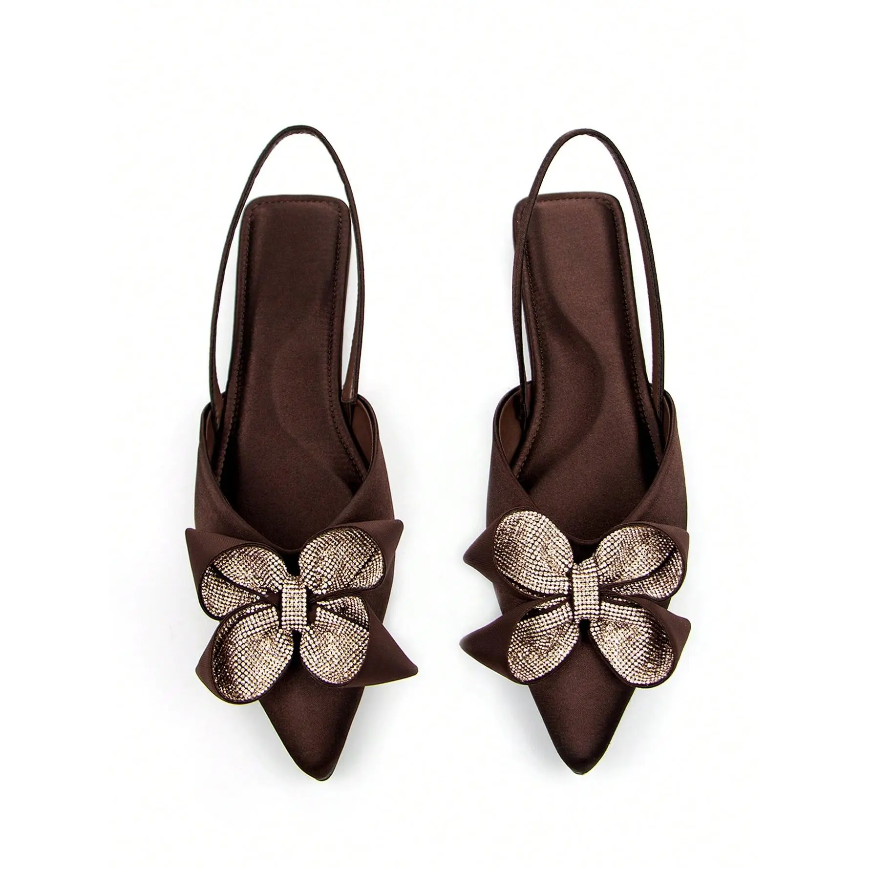 Women's Fall-Winter Elegant Flower & Bow Decor Chocolate Brown Pointed Toe Slip-On Flat Sandals - Classic Dressy Shoe, Comfortable Footwear for Daily Wear & Elegant Evening Footwear