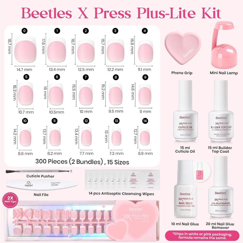 Beetles Valentine X Press Plus French Press On Nails Tips Kit, French Tip Pink Short Square Shape Natural Acrylic Nail Tips for Effortless Beauty & DIY Manicures - Frenchtipnails Spring Nail Valentine Gift Flower