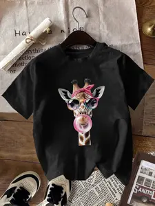 New Fashion Women's Round Neck Trendy  Simple Cartoon Bubble-Blowing Giraffe Print Printed Short-Sleeve T-Shirt, Versatile for Daily Wear, Casual and Comfortable