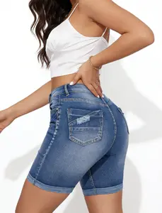 Summer High Waist Ripped Denim Shorts for Women Stretch Skinny Knee Length Jeans Shorts Casual Female Clothing Soft Lightweight Fabric Distressed Front Raw Hemline