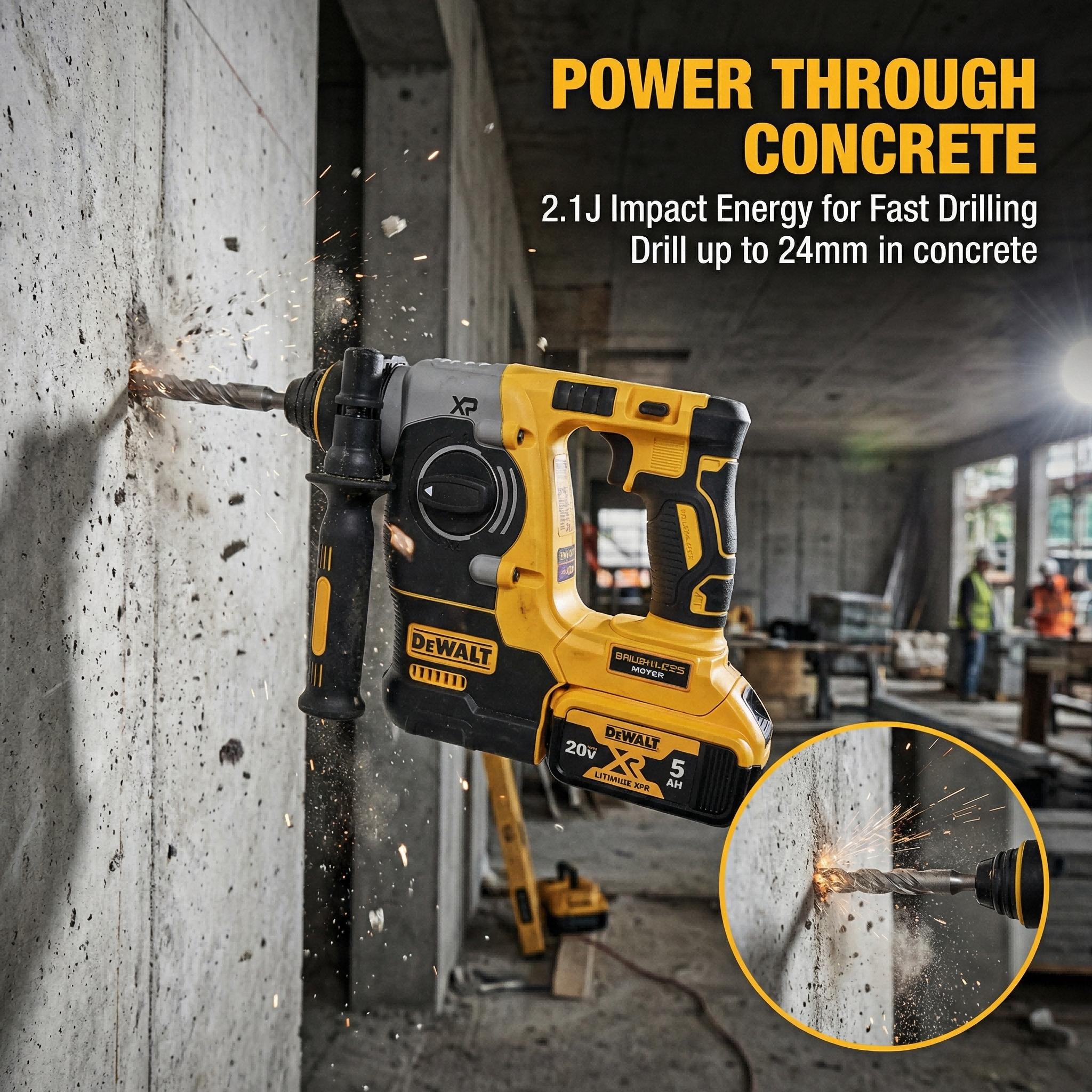 Dewalt DCH273 20V Brushless Rotary Hammer Kit – 2.4J Impact Energy for 4-12mm Concrete Drilling – 360° Auxiliary Handle & Variable Speed (0-4600 BPM)