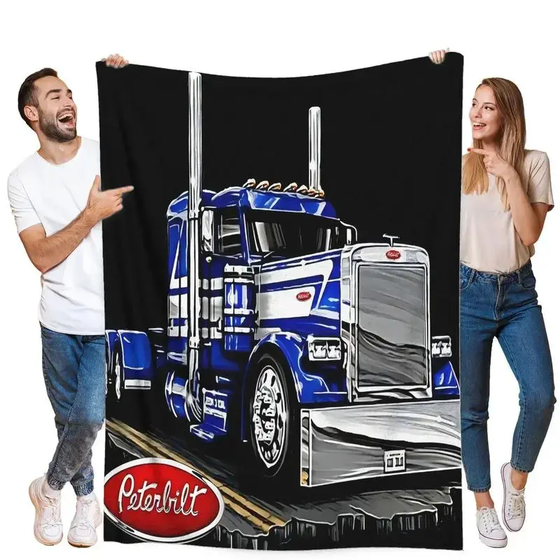 American Truck Flannel Blanket, Vintage Big Rig Graphic Throw, Long Haul Trucking Fleece Blanket, Cozy Sleeper Cab Decor, Truck Driver Gift