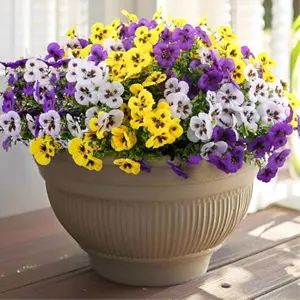 18 Pcs Artificial Fake Pansy Flowers for Outdoor, Faux Silk Pansies Spring Flowers for Outside for Planter Front Door Porch Yard Patio Window Box Home Decor (18, Purple, Yellow, White)