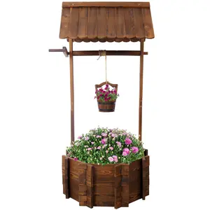 Rustic Wooden Wishing Well Planter Outdoor Home Décor for Patio, Garden, Yard w/Hanging Bucket, Garden Accessories, Flower Garden Accessories