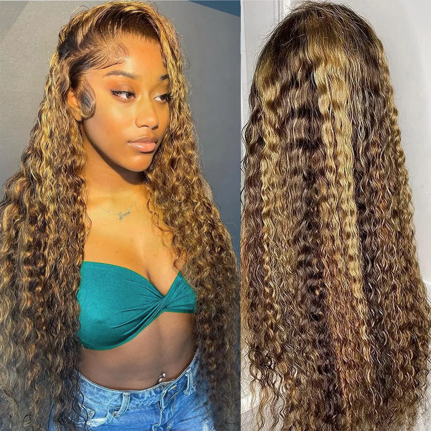 Lemoda 13x6 Highlight Water Wave Lace Front Wigs Human Hair 13x4 Honey Blonde Ombre Curly Human Hair Wig For Women 200% Density Soft and Natural Wet and Wavy HD Lace Frontal Glueless Wig summerwins
