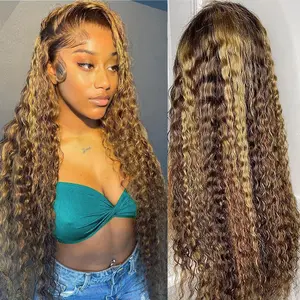 Lemoda 13x6 Highlight Water Wave Lace Front Wigs Human Hair 13x4 Honey Blonde Ombre Curly Human Hair Wig For Women 200% Density Soft and Natural Wet and Wavy HD Lace Frontal Glueless Wig