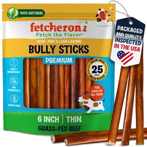 Odor-Free Thin Bully Sticks (6 Inch, 25 Pack), 1 lb. Bag, Fully Digestible 100% Beef Pizzle Chews, Grass-Fed, Non-GMO, Grain-Free, Natural Long-Lasting Chews for Small & Large Dogs
