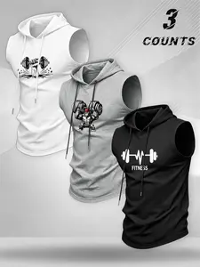 American Fitness Dumbbell Print Hooded Sleeveless Tank Top, Quick-Dry Breathable Weight Training Shirt, Men's Gym Workout Upper