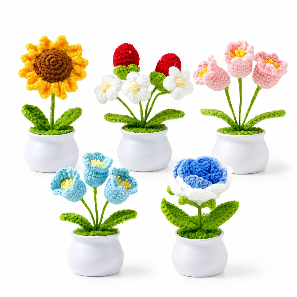 Knitting Crochet Puff Flowers Potted Plants, Gradient Colorful Flowers for Friends, Family and Lover, Handmade Flowers for Home Office Decoration, Car Decoration, Valentine's Gift