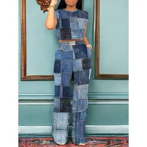 Women's 2-Piece Faux Denim Print Clothes Set - Comfortable Short Sleeve Crop Top, Wide Leg Pants, Patchwork Polyester Fabric, Multicolor Lady Crochet Wool Casual Streetwear Outfit