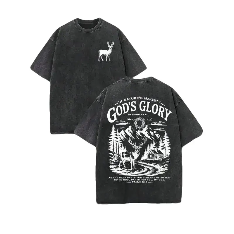 God's Glory Christian Washed Shirt, 'PSALM 42:1 AS THE DEER PANTS FOR STREAMS OF WATER, SO MY SOUL PANTS FOR YOU, MY GOD.' Christian Scripture T-Shirt, Vintage Retro Washed Shirt Double Sided Printed (230 Heavyweight Pure Cotton T-Shirt)