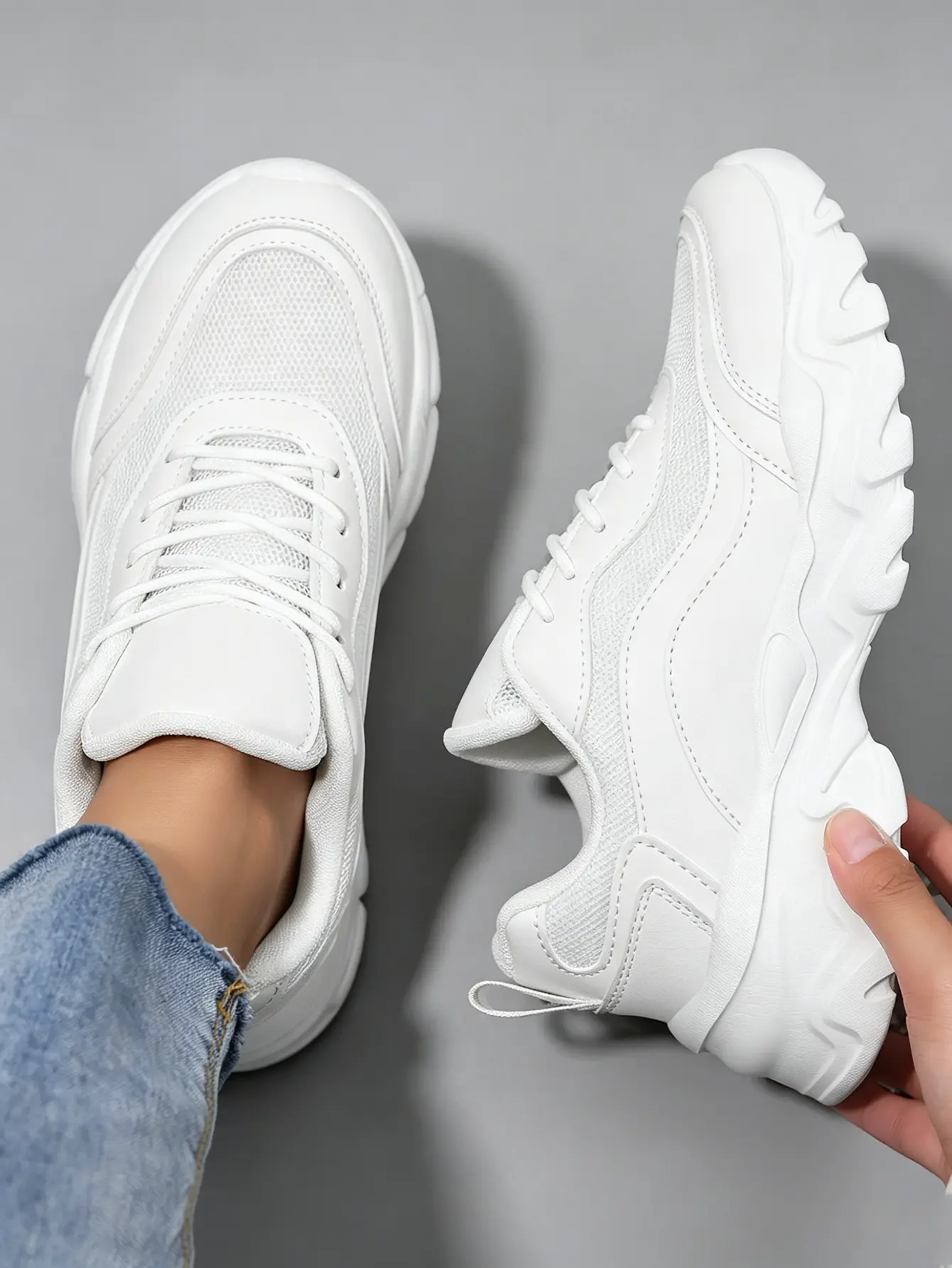 Women’s All-White Mesh Ankle Platform Dad Sneakers - Breathable Lace-Up Chunky Casual Shoes, Lightweight Minimalist Faux Leather Athletic Trainers for Back to School Haul, Affordable Fashion Footwear