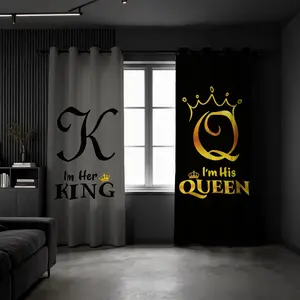 King & Queen Themed Couple Curtains, 2 Panels, Black & Gray Split Blackout Curtains, 80% Light Blocking Single-Side Printed Window Drapes, Romantic Valentine's Bedroom Decor Curtains for Couples