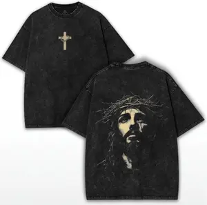 Jesus Crown of Thorns Washed Graphic Tee - Vintage Christian Faithcore Streetwear Oversized Tee, Religious Graphic T-shirt, Faith-Based Apparel, Casual Unisex Top, Spiritual Streetwear Outfit, Soft Cotton Blend Oversize Shirt