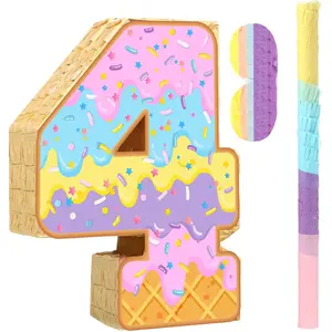 Summer Birthday Piñata Ice Cream Game Set Number 4 Piñata with Bat Stick Blindfold Mask for Sundae Theme Birthday Baby Shower Party Game Supplies Decor