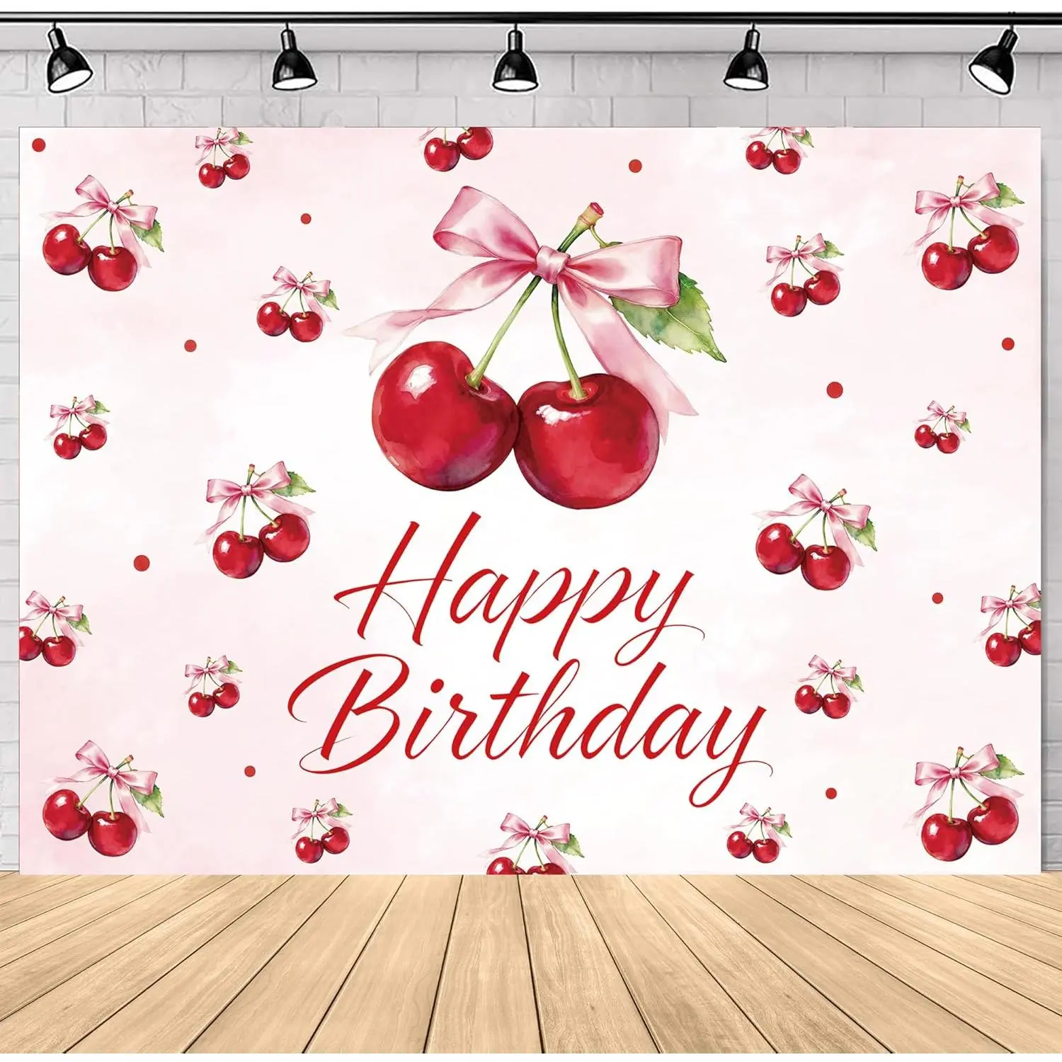 7Wx5H Cherry Happy Birthday Backdrop Curtain - Durable, Lightweight, Hangable Modern Synthetic Decor with Cute Bow, Red Cherries for Girls' Birthday Party, Photography Background Banner for Photo Booth Studio