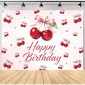 Cherry Happy Birthday Backdrop 7Wx5H Cute  Bow Sweet Girls Red Cherries Bday Party Princess  Elegant Fruit Decorations Photography Background Banner Photo Booth Studio