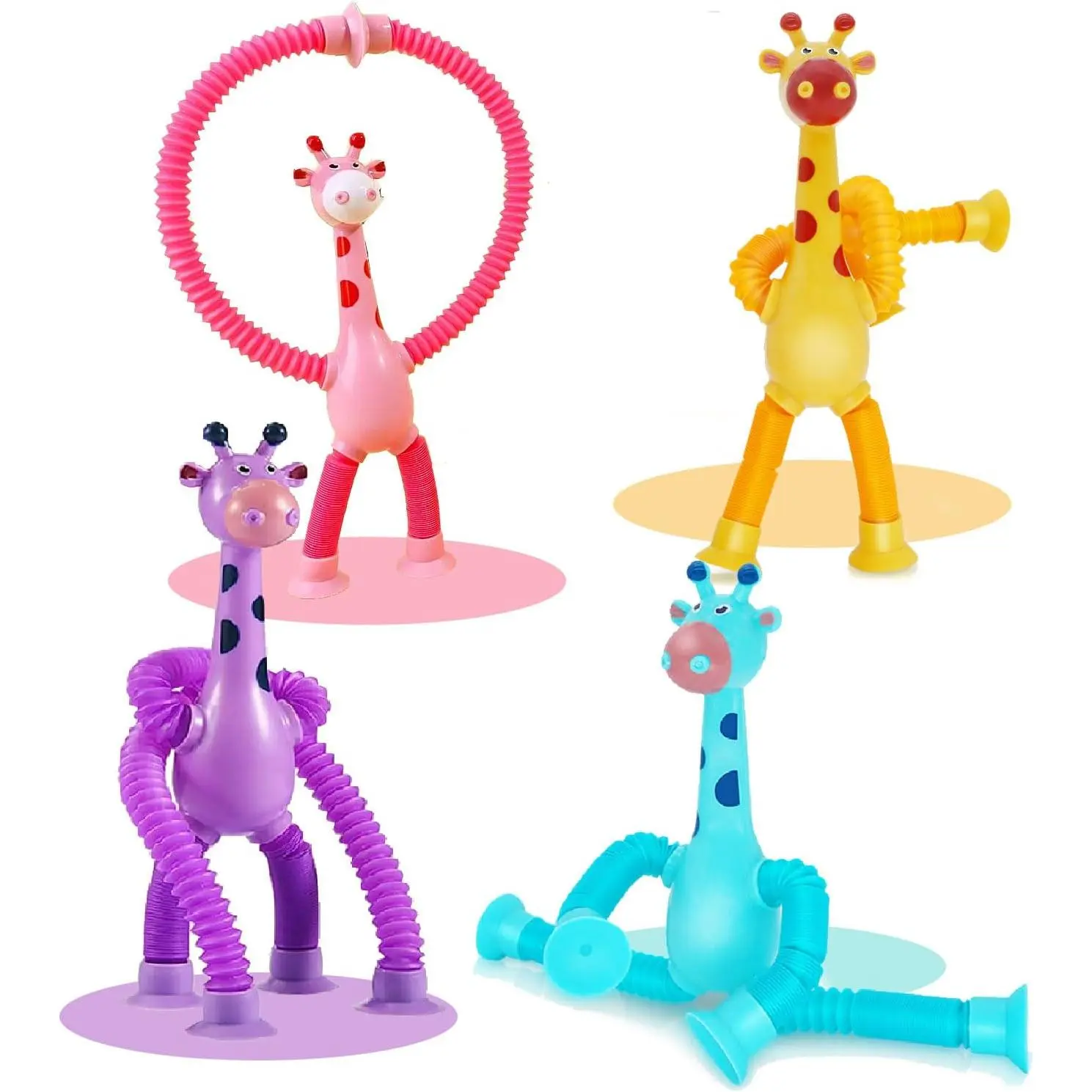Giraffe Telescopic Fidget Toys 4-Pack, Sensory Toys for Kids with Suction Cups, Stress Relief Stocking Stuffers for Ages 3-9, No