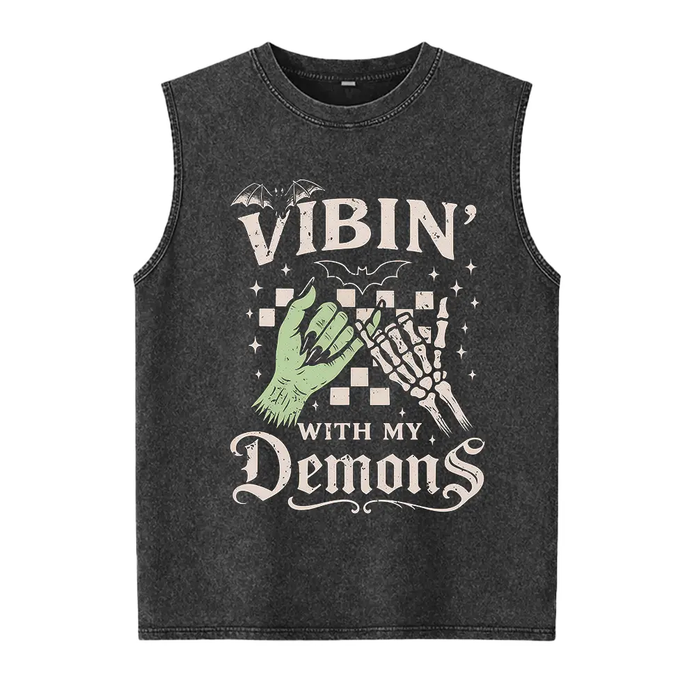 Vibin' With My Demons Vest Unisex  Vest Cute Halloween Washed Vest Funny Washed Vest Gothic Spooky Vibes