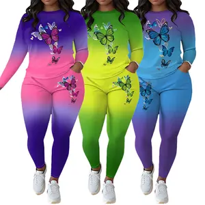 Stretchy Polyester Blend Women's Casual Outfit - Long Sleeve, Round Neck Top & Pants with Pockets, Gradient Color Design, Machine Washable, Casual Wear