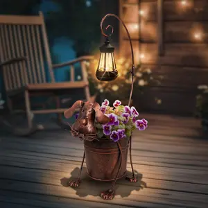 Solar Lights Outdoor with Planter Pot,Metal Dog Solar Lamp Post with Planter Base Outdoor Decorative for Yard,Porch,Patio,Floor Light with Garden Pots