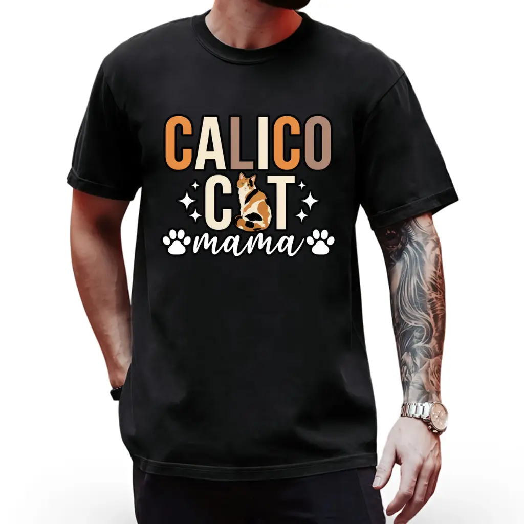 Calico Cat Mama T-Shirt - Heavyweight Tabby Cat Face & Paw Print Tee with Calico Kitten Design -Casual Shirt for Men - Funny Cat Lover, Christmas - Machine Washable