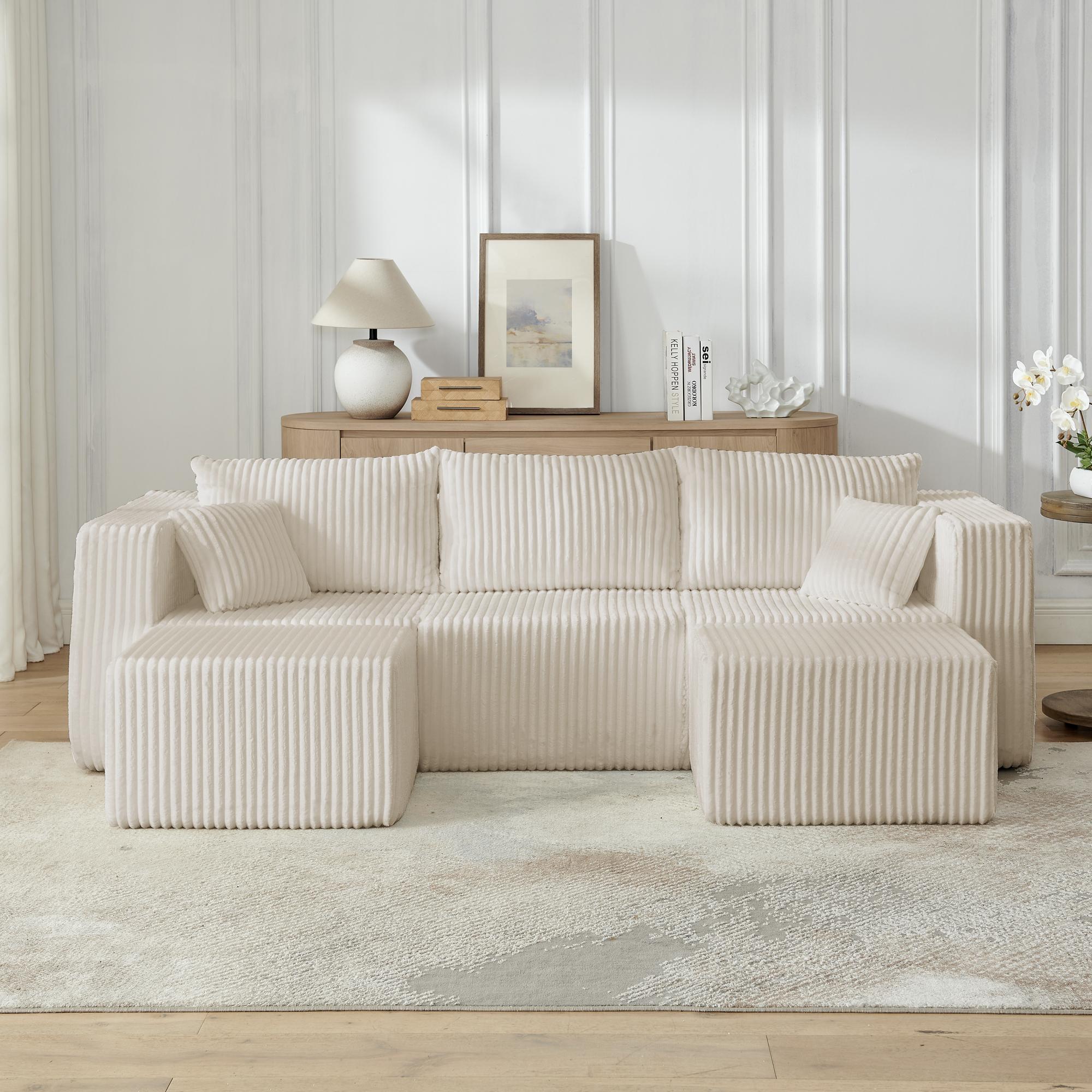 Niccae Small-Scale U-Shaped Compact Modular Sectional Sofa — Textured Corduroy Fabric, Modern Minimalist Style, Ultimate Comfort, Space-Saving, No Assembly Required, Convertible to Bed, Living Room Sofa