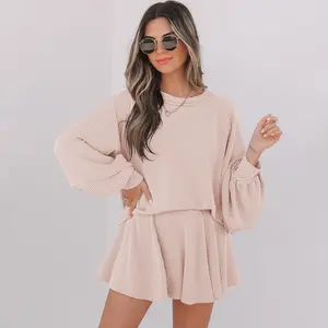 Women’s Pink Beige Corded Texture Lantern Sleeve Top and High Waist Ruffled Mini Skirt Set, Solid Color 2Pcs Casual Fall Outfit