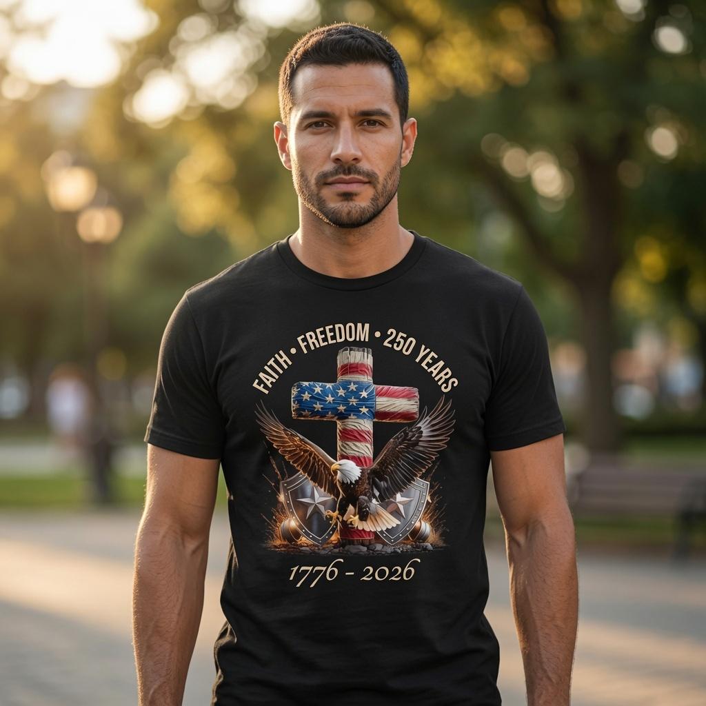 Faith Freedom 250 Years 250th Anniversary USA Independence T-Shirt, USA 250 Years Shirt, 1776–2026 Shirt, USA 250th Gift, Shirt Fourth Of July, Independence Day Shirt, Full Size, Full Color