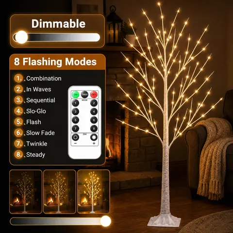 HOODINK 6FT Magical Lighted Birch Tree with 120 Warm White LED Lights, 8 Twinkling Modes, Dimmable Home Decor for Christmas, Indoor Outdoor Party & Community Event