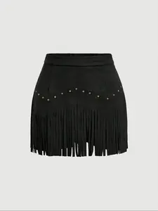 Women's Vintage Hippie Rivet Tassel Suede A-Line Skirt, Autumn Fashion Set, Nashville Style Pirate Dress [summer] Street, Casual, Trendy, Elevated Basics, Weekend Wear, Stylish, Everyday, Breathable, Easy Wear