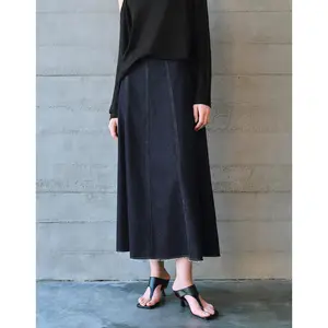 URBAN REVIVO 2026 Spring Women's High-Waist Dark Wash Cotton Denim Paneled A-Line Midi Skirt - Frayed Hem, Built-in Stretch, Hip-Flattering, Multi-Size, Everyday Elegant, All Seasons Casual Bottom, Clothes, Comfortable Fit Skirt UWM840026, Midi Skirts