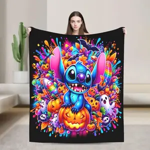 DISNEY CLASSIC Halloween Pumpkin Stitch Flannel Blanket Soft Warm Skull Bat Ghost Cartoon Design for Sofa Bed Office Colorful Premium Microfiber Blanket 40x50 50x60 60x80 Inches Perfect Gift