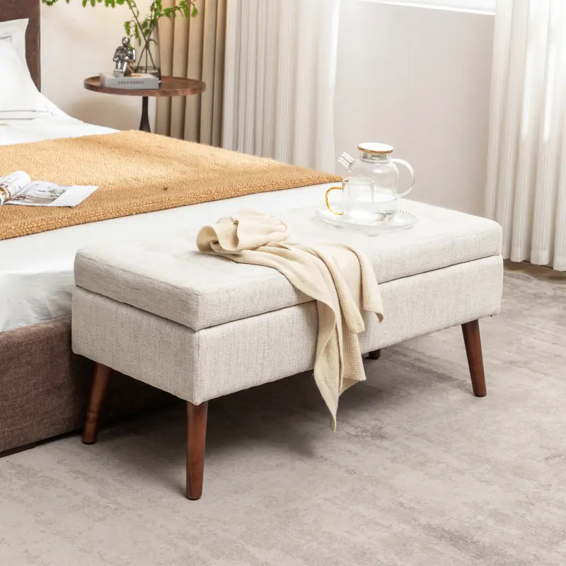 Bellemave Upholstered Storage Ottoman, 43.7" W x 18.1" D Classic Off White Linen Fabric Footstool with Storage & Ottoman Set for Bedroom End of Bed, Soft Padded Seat, Solid Wood Legs, High-Quality Multi-Layer Board