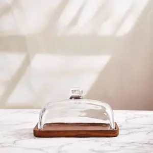 Butter Dish with Glass Lid and Wooden Tray, Clear Storage Container Ideal for Kitchen and Dining Table, Perfect for Storing and Serving Butter, Glass Food Container, Glass Storage Containers