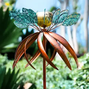 Aria Flutter Solar Adjustable Copper & Blue Wind Spinner Dual-Head Kinetic 86" Garden Sculpture with Hand-Painted Petals & Weather-Resistant Iron Construction