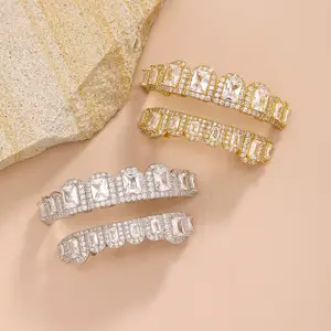 2pcs/set Hip-Hop Full Synthetic Zirconia Grillz Teeth Jewelry - Instant Golden Teeth with Snap-On Dentures for Parties, Halloween/Christmas Gifts, Daily Wear - Lightweight & (No Dental)