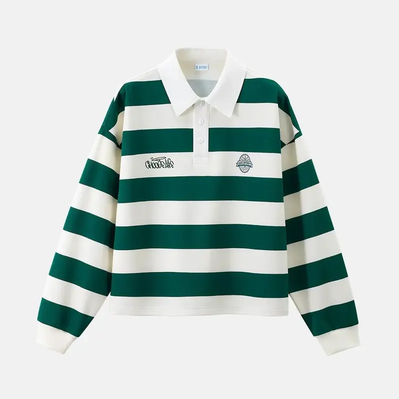 Inflation Men's Cropped Boxy Long-Sleeve Polo T-Shirt - Striped Collar, Vintage Campus Streetwear, High-End Smart Casual Statement Top, Menswear Polo Shirts, Longsleeves, Collared Look, All Seasons