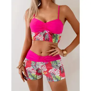 2026 Color Block Printed Women'S Swimwear, High Waist Boyshort Tie Two Piece Swimsuit, Beach Bathing Suit,summervibes