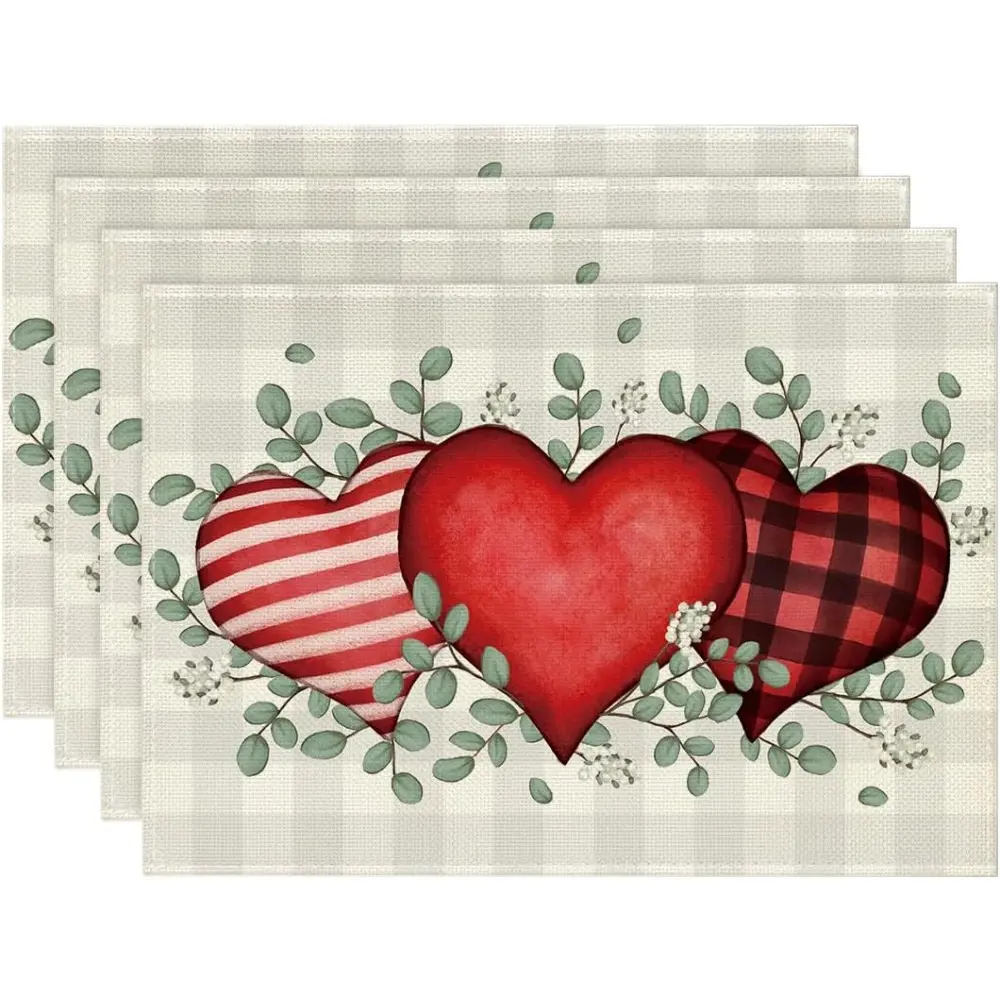 Colorful Polyester Rectangle Valentine Placemats (Set of 4, 12x18 in) - Buffalo Plaid Eucalyptus Hearts Prints, Durable Wrinkle-Free Modern Indoor Kitchen Tableware with Hemmed and Reinforced Edges for Party Dining Decoration