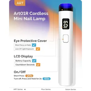 MHandheld Cordless UV Nail Lamp with LCD Display & Eye-Protection Cover, P-Art01R Rechargeable Mini UV LED Light Flash Cures All Soft Gels, Especially Rhinestone Glue & Liner Gel White