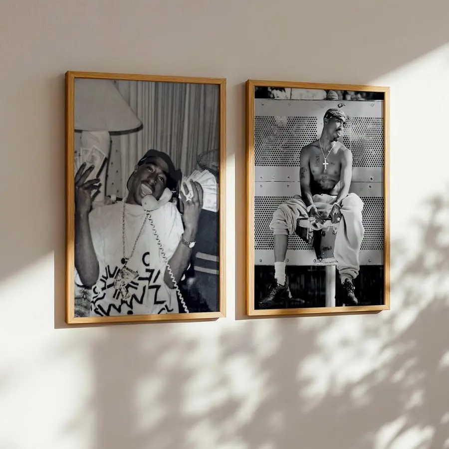 Tupac Wall Art Set of 2, Tupac Shakur Street Photo, Hip Hop Legend Wall Decor, 90s Rap Icon Print, Black & White Themed, High Quality Print